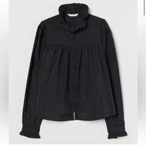 H&M Black Ruffle Trim Long Sleeve Babydoll Blouse - M oversized - black